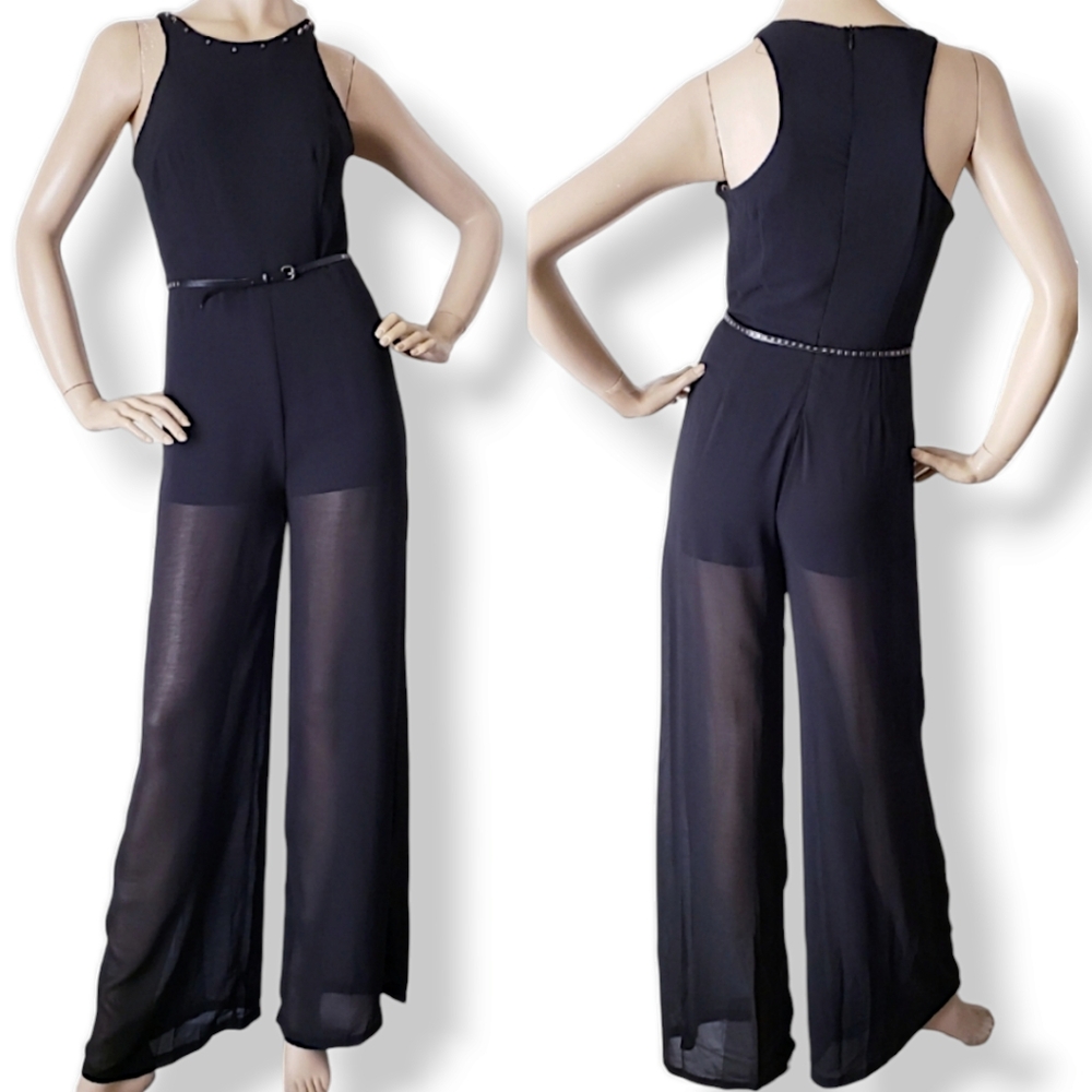 Mod Modele Black Chiffon Studded Belted Jumpsuit Size Small